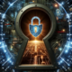 An image that gives the impression of viewing a high-tech digital environment through a cybersecurity keyhole.